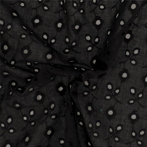 Broderie anglaise 100% coton petites fleurs et feuilles noir au mètre