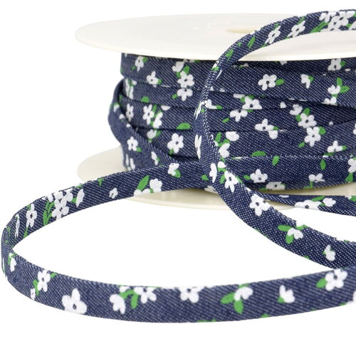 Bobine 25m lacette effet jeans 10mm marine fleurs