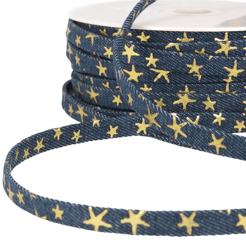 Bobine 25m lacette effet jeans 10mm marine étoiles