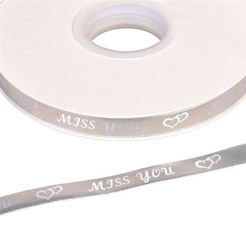 Bobine 45m ruban à message "miss you" 10mm argent