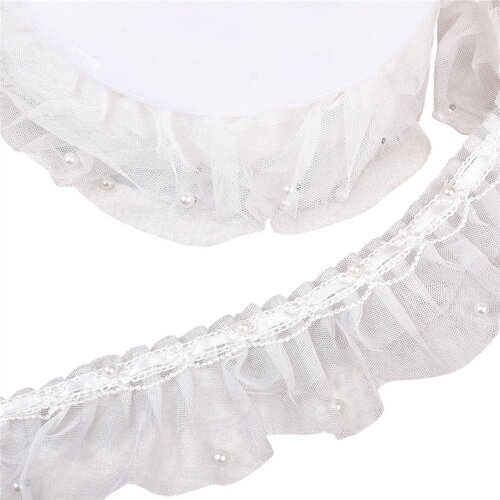 Bobine 15m galon dentelle perlée froncée 60mm blanc