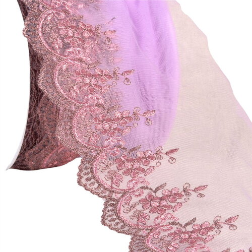 Bobine 18,8m broderie métallique sur tulle 120mm vieux rose