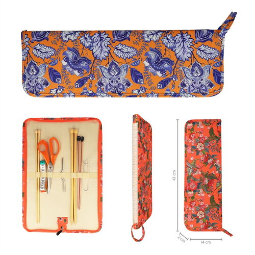 Pochette aiguilles à tricoter 43x14x2cm fleurs bleues fond orange