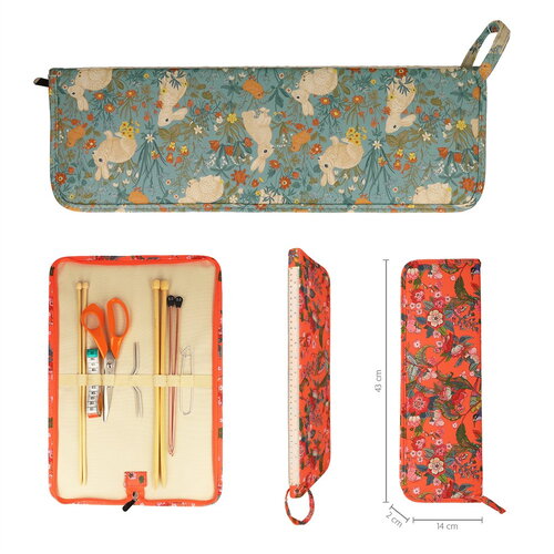 Pochette aiguilles à tricoter 43x14x2cm lapins fleurs des champs