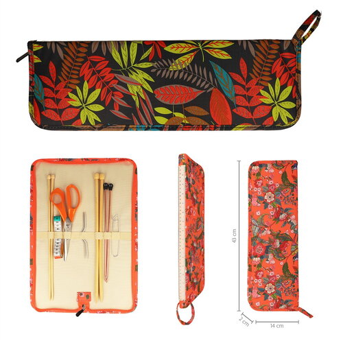 Pochette aiguilles à tricoter 43x14x2cm feuilles rouge jungle