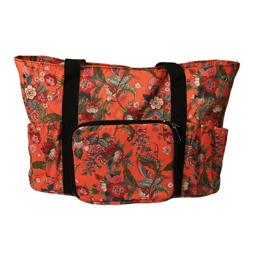 Sac pour pelote 40x28x17cm fleurs rouges fond corail