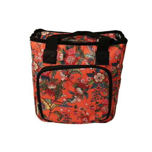 Sac tricot 23x26x14cm fleurs rouges fond corail