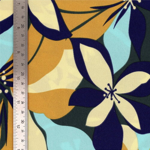 Tissu super soft stretch imprimé fleurs colorées bleues et moutarde 150cm au mètre
