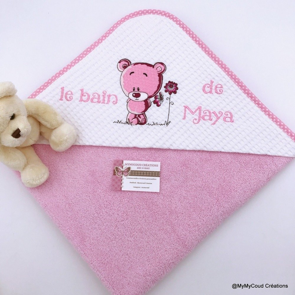 Cape de bain bébé à capuche brodée animaux - rose, Linge de maison et  décoration