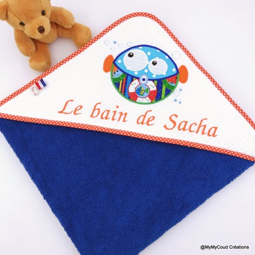 Sortie de bain / cape de bain bébé personnalisée et brodée poisson