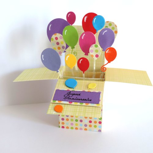 Carte popup anniversaire,3d, carte ballons multicolores.