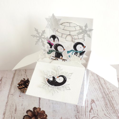 Carte de noël popup pingouins, carte 3d