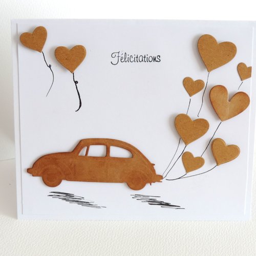Carte de félicitations mariage, carte voiture et cœurs, félicitations mariage pacs