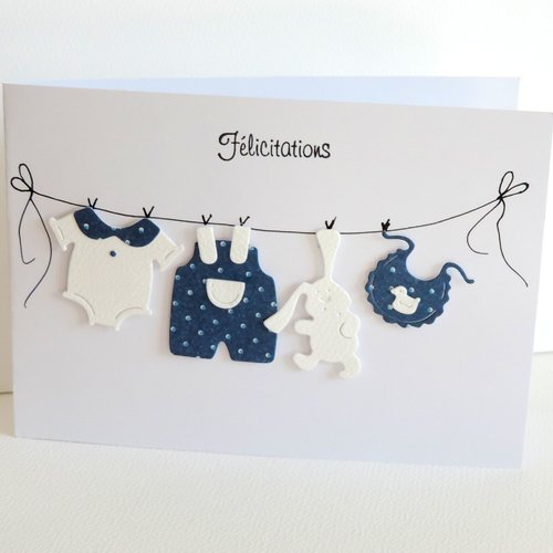 Carte de naissance garçon, félicitations naissance, bleu blanc.