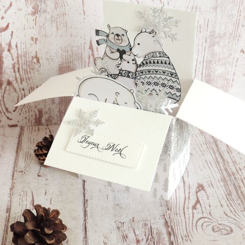 Carte de voeux popup ours. bleu blanc.