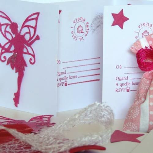 Carte invitation anniversaire fille x 6 et pochettes cadeau. thème fées 