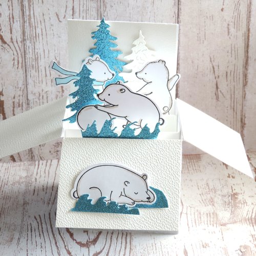 Carte de voeux popup ours. bleu blanc.