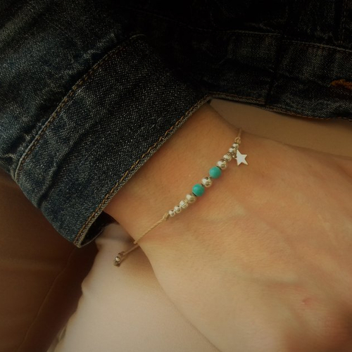 Bracelet cordon  argent perles turquoise etoile