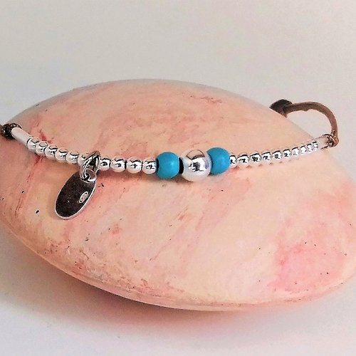 Bracelet cordon  fines perles argent turquoise