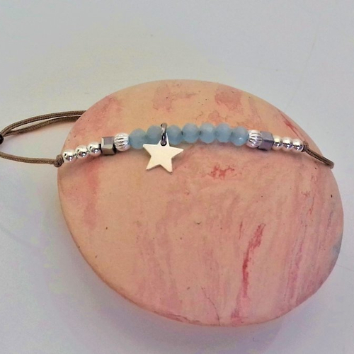 Bracelet cordon étoile d'argent perles bleu pastel