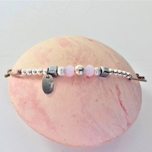 Bracelet cordon perles argent  perles rose pastel