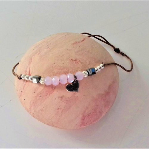 Bracelet cordon coeur d'argent perles rose pastel