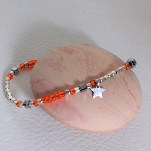 Bracelet cubes d'argent perles orange élastique