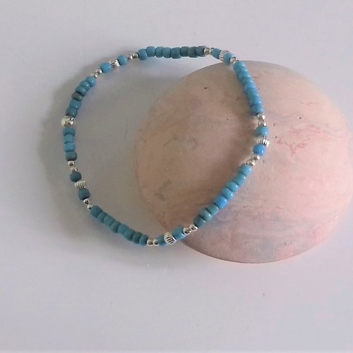 Bracelet perles argent, perles bleu turquoise élastique