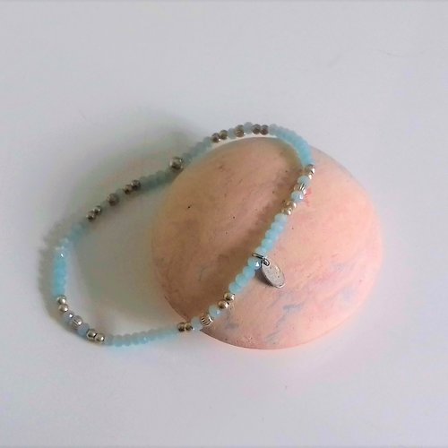 Bracelet fines perles argent  perles bleu-pastel élastique