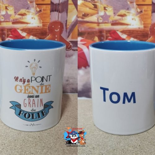 Mug bicolore bleu clair - génie avec un grain de folie