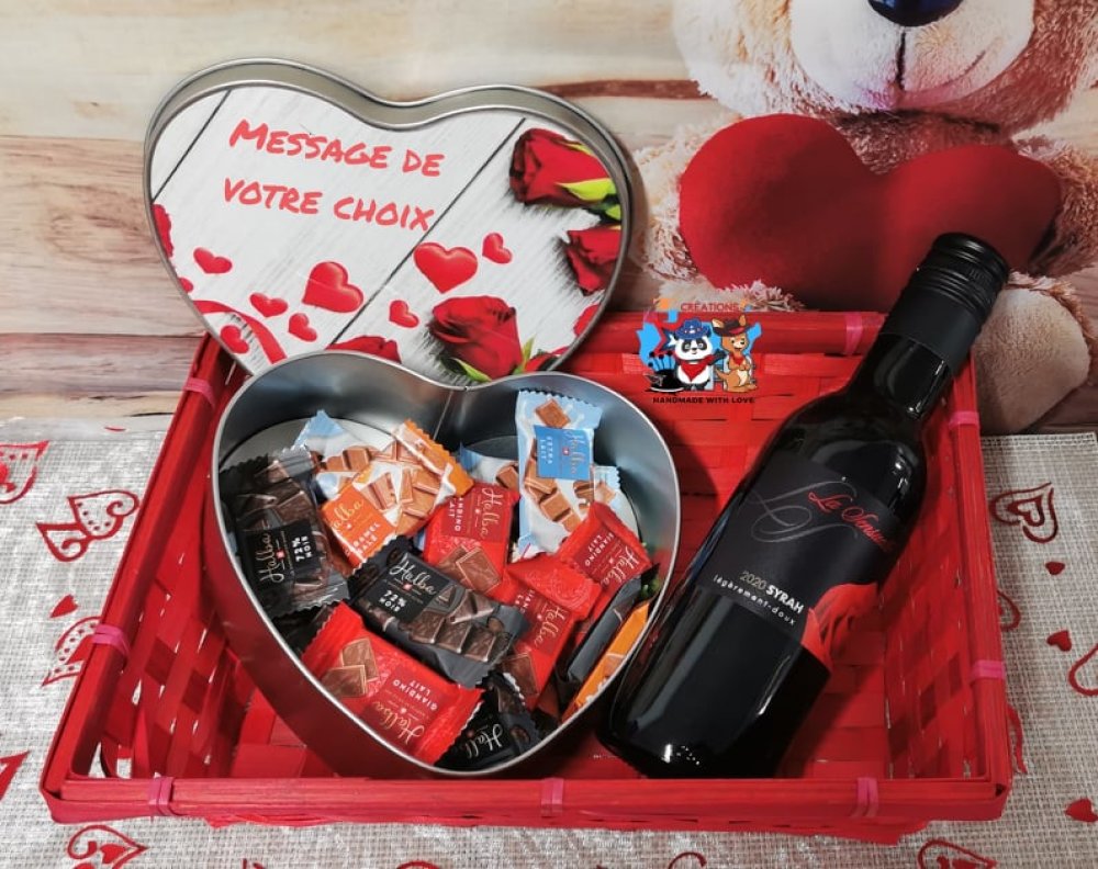 Coffret cadeau st-valentin - coeur et vin rouge - Un grand marché