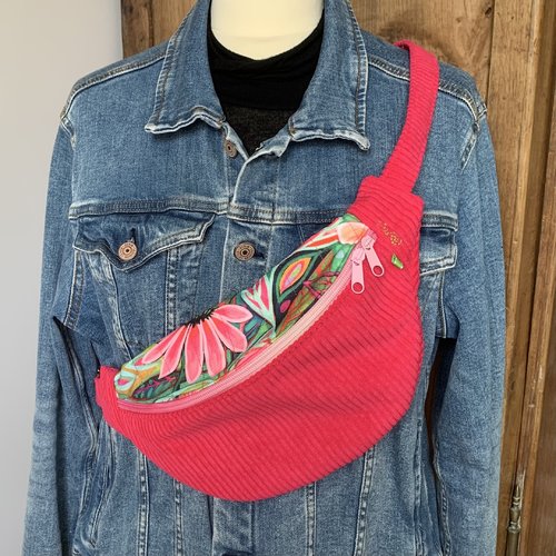 Sac banane rose fluo fleuri