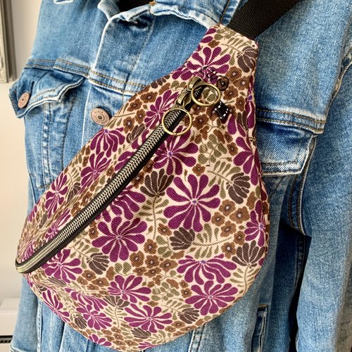 Sac banane en velours mauve, vert et marron clair