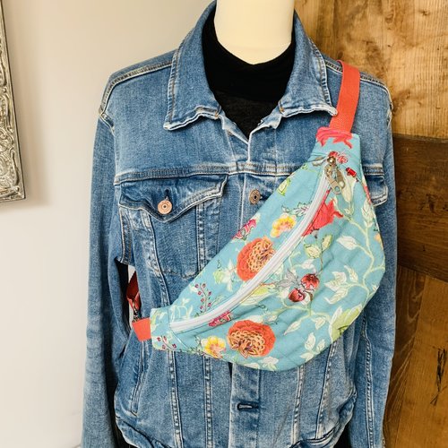 Sac banane bleu fleuri