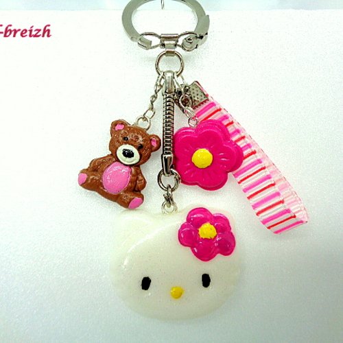 Porte Cle Pate Polymere Fimo Enfant Hello Kitty Chat Nounours Fleurs Ruban Fait Main Un Grand Marche