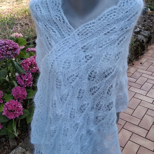 Etole soie et mohair bleu ciel tricotee mains