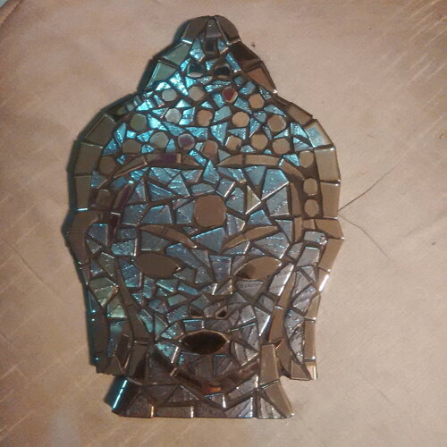 Tete bouddha en mosaïque argente et anthracite