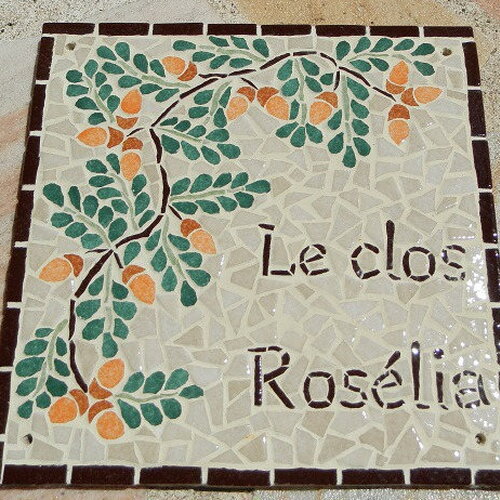 Plaque de maison branche de chêne en mosaique