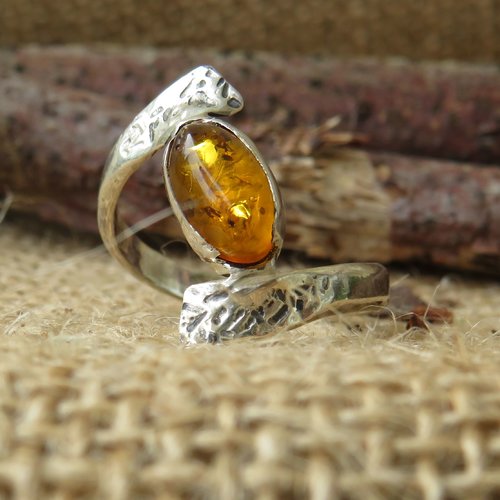 Bague argent ambre couleur miel et argent 925/000