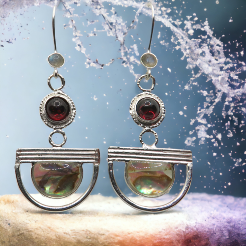 Boucles d’oreilles argent, abalone et grenat – pièce unique