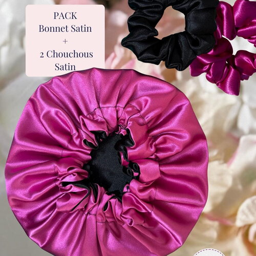Pack framboise - bonnet satin réversible bicolore + 2 chouchous assortis | fait main | protection cheveux | fuchsia et noir