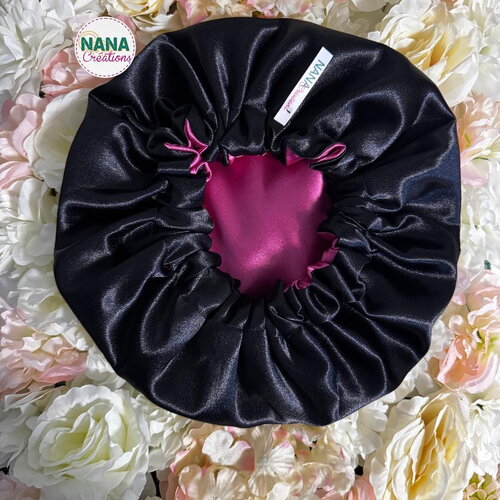Bonnet en satin américain réversible fuchsia & noir | protection cheveux nuit | anti-frisottis | tailles s, m, l | double face fait main