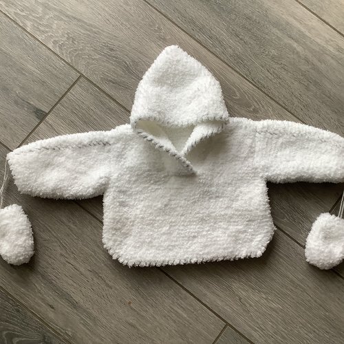 Pull à capuche et ses moufles taille 6 mois.