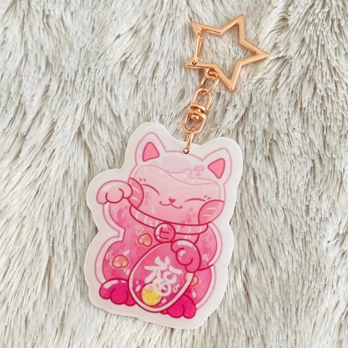 Porte-clés bijoux de sac fait main maneki neko chat sakura rose