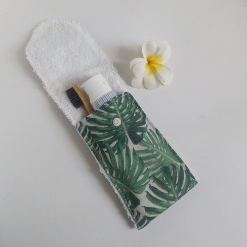 Etui brosse à dents en tissu tropical vert et blanc