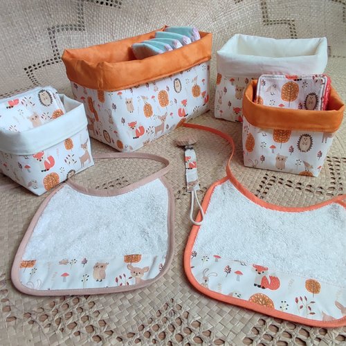Kit naissance à composer - ensemble de lingettes lavables pour bébé avec panier - motifs animaux de la forêt