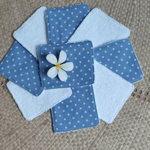 Lingettes lavables pour maman ou bébé motif étoiles blanches sur fond bleu denim