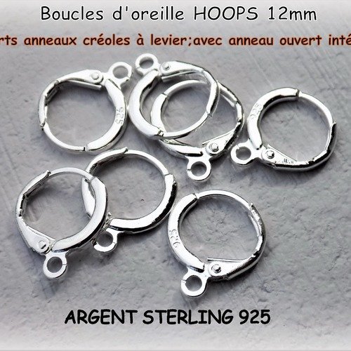 Hoops supports boucles d'oreille 12 mm créoles avec anneau intégré argent sterling 925 - poinçonnés