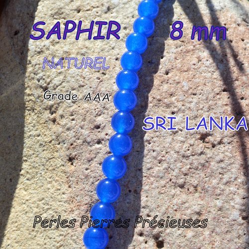 Perles de saphir naturel, pierre précieuse - grade aaa de 8 mm, bleu translucide, sri lanka, trou 1 mm - (x5)