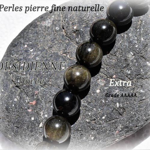 Perles d'obsidienne dorées , pierre fine, de 6, 8 ou 12 mm, grade aaaaa trou 1 mm - (x 5 ou 2)